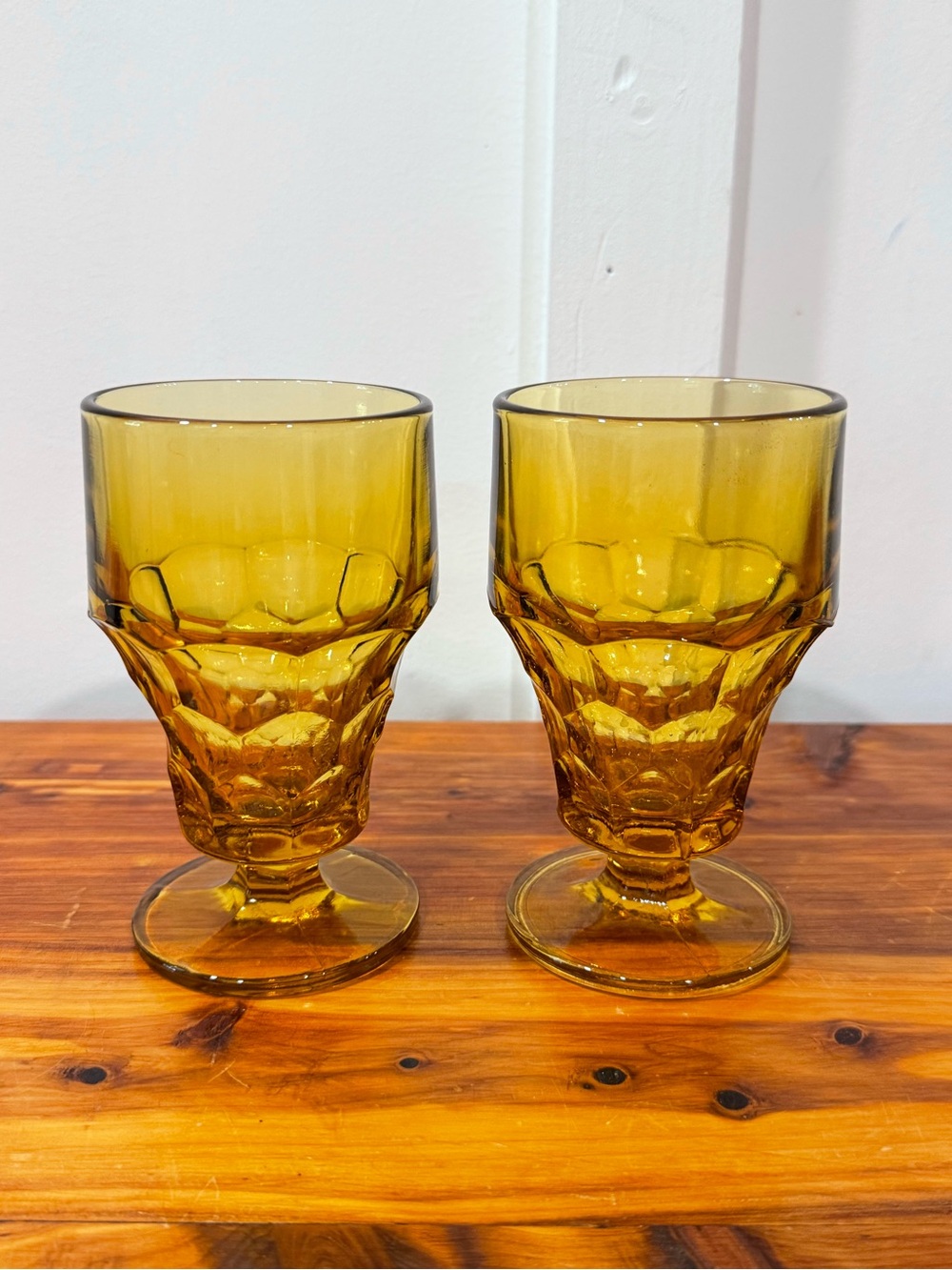 Anchor Hocking Georgian Amber Glass Goblets Thumbprint Whitehall Footed Set of 2
